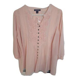 Roaman's Crochet Detail Blouse Button Down Top‎ 3/4 Sleeve Pink 14W